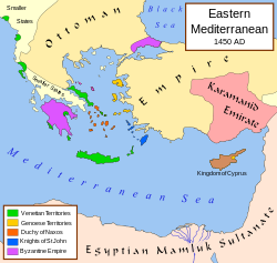 قلمرو قرامانیان و دیگر دولت‌ها در شرق مدیترانه در ۱۴۵۰ میلادی