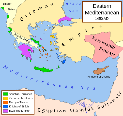 The Eastern Mediterranean c. 1450 AD, showing the Ottoman Empire, the surviving Byzantine empire (purple) and the various Latin possessions in Greece