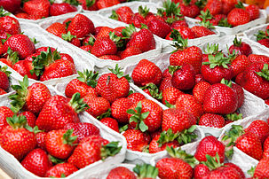 Barquettes de fraises sur un étal du Viktualienmarkt, à Munich. (définition réelle 4 405 × 2 937)