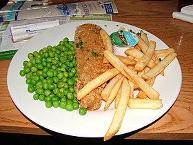 Риба и помфрит у лондонском пабу, варијанта са грашком