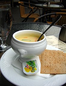 Bergensk fiskesuppe with flatbrod and butter Fish soup in Bergen.jpg