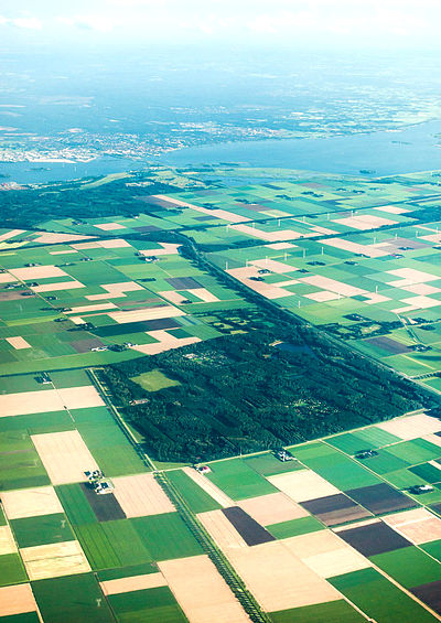 Vue aérienne de champs et éoliennes du Flevoland.