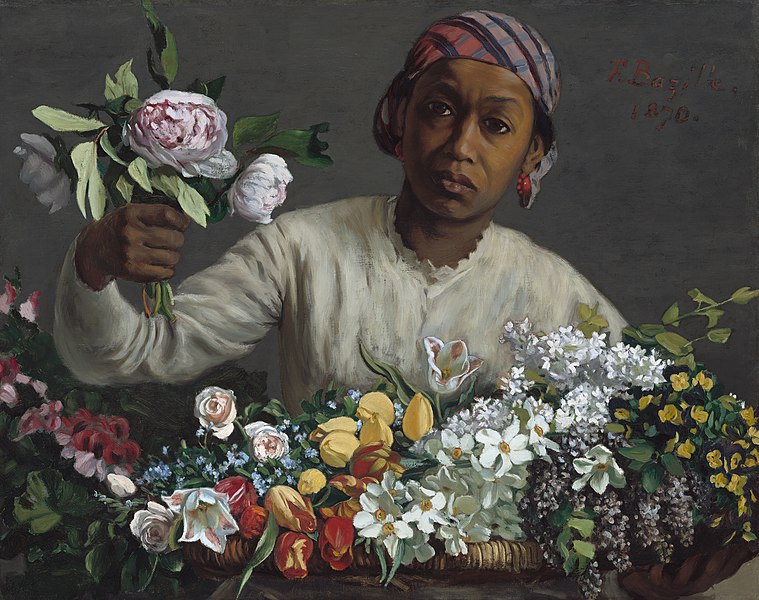 Painting of young woman holding peonies, surrounding by other flowers