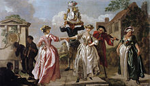 Dansende mælkepiger "Dancing Milkmaids" af Francis Hayman ("The Milkmaid's Garland, or Humours of May Day")[note 39], ca. 1735. Olie på lærred, 137×234 cm. Victoria and Albert Museum, London