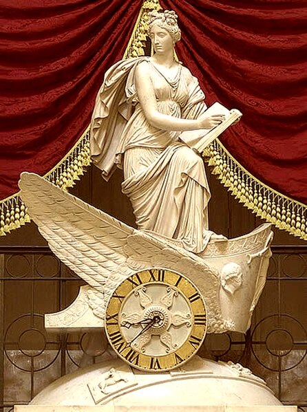 Carlo Franzoni's 1819 sculptural chariot clock, the Car of History depicting Clio, muse of history, recording the proceedings of the house. Fitted wit