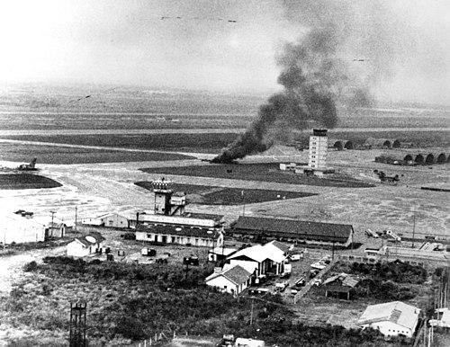RVNAF C-130A burns at Tan Son Nhut after rocket attack on 29 April