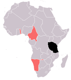 German East Africa in black, other contemporary German colonies in red