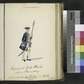 Officer of musketeers in uniform the 1st Infantry by 1745. The rather elaborate spontoon was not used in combat (the officers' sword can be seen), and was therefore typically brilliantly engraved.