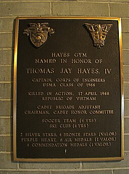 Plaque dedicating the gym in honor of CPT Thomas J. Hayes Hayes Plaque.jpg