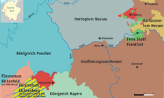 Hessen-Homburgs beliggenhed (har markeret i rødt) i det Tyske forbund.
