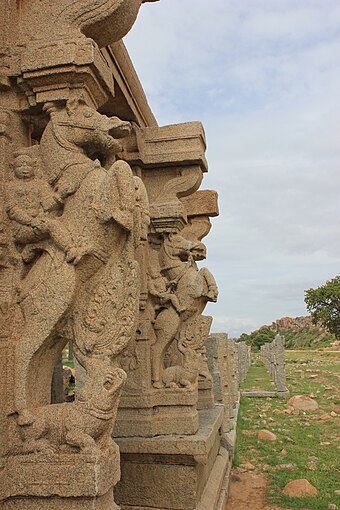 Kudure gombe (horse doll) pillars in a mantapa at Hampi