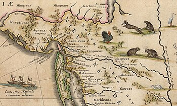 Map c.1634, Early names for Bergen were Oesters Eylandt (Oyster Island) and Achter Kol. The three structures likely represented Communipaw, Paulus Hook, and Harsimus. Hudson Valley Map Detail Nova Belgica Et Anglia Nova c1634.jpg