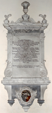 Mural monument in Dulverton Church to Humphrey Sydenham (1694-1757) HumphrySydenham Died1757 DulvertonChurch Somerset.PNG