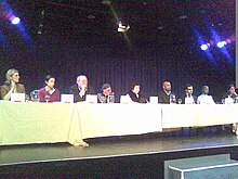A hustings event in Caisa cultural centre, Helsinki, for the election. Hustings Caisa Helsinki 2011.jpg