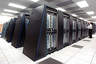 The IBM Blue Gene/P supercomputer "Intrepid" at Argonne National Laboratory runs 164,000 processor cores using normal data center air conditioning, grouped in 40 racks/cabinets connected by a high-speed 3D torus network. IBM Blue Gene P supercomputer.jpg