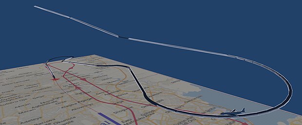 Illustration 3D de l'approche finale du Boeing de 3:47 à 4:00, heure d'impact avec le sol (à cette échelle, l'avion devrait être 14 fois plus petit)[1].