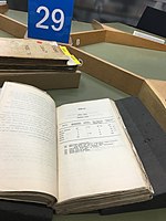 Researcher's point of view: Document open at assigned table, with foam supports to prevent binding from breaking Inspecting Admiralty documents at The National Archives.jpg