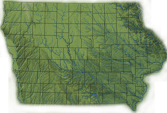 Topography of Iowa, with counties and major streams