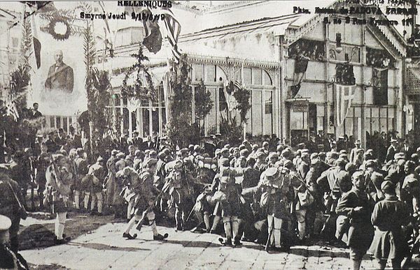 Greek soldiers taking their posts in Smyrna (İzmir) amidst the jubilant ethnic Greek population of the city, 15 May 1919