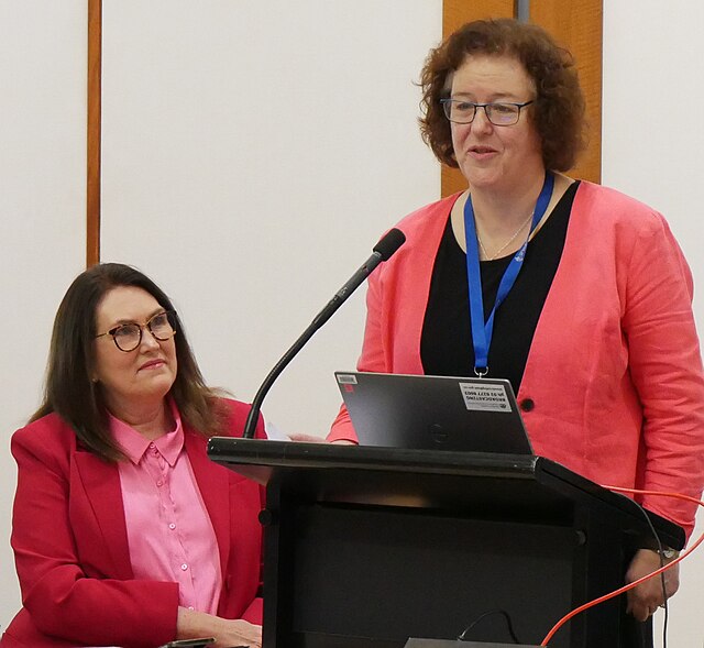 Collins addressing the Parliamentary Friends of Religious Schools and Faith Communities in 2023, alongside Senator Deborah O'Neill