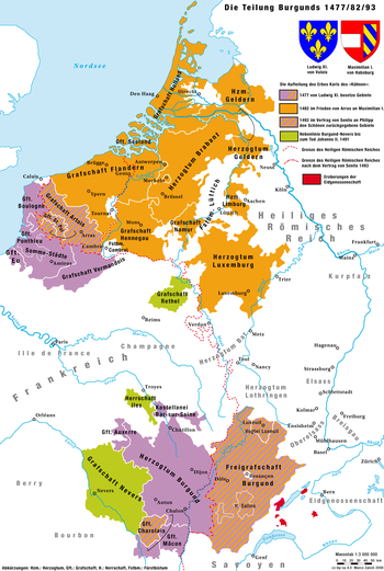 De verdeling van de Bourgondische erfenis tussen Frankrijk en Habsburg tot 1493