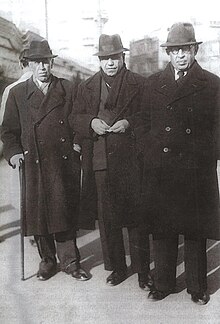 Khalil bey Khasmammadov, Naghi bey Sheykhzamanli and Mashadi Ali Rafioghlu (Istanbul,1945).jpg