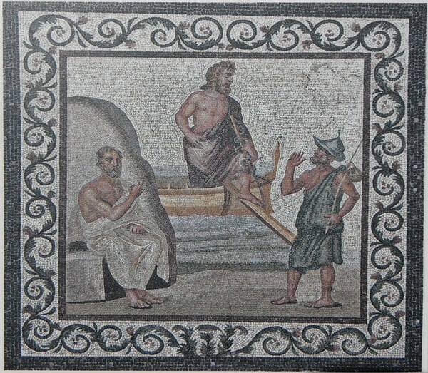 Asclepius (center) arrives in Kos and is greeted by Hippocrates (left) and a citizen (right), mosaic, 2nd–3rd century AD