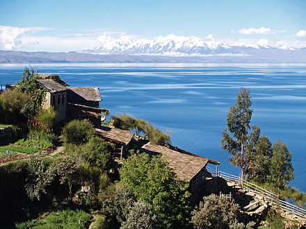 Lake Titicaca with the Andes at the background, 35 km. away from La Paz