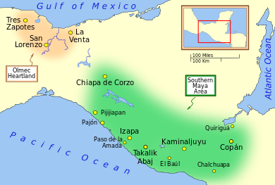 Map showing the locations of the Olmec heartland to the northwest and the southern Maya area southeast of it. The landmass is located in Central America and bordered by the Pacific Ocean to the southwest, the Gulf of Mexico to the northwest and the Atlantic Ocean to the east.