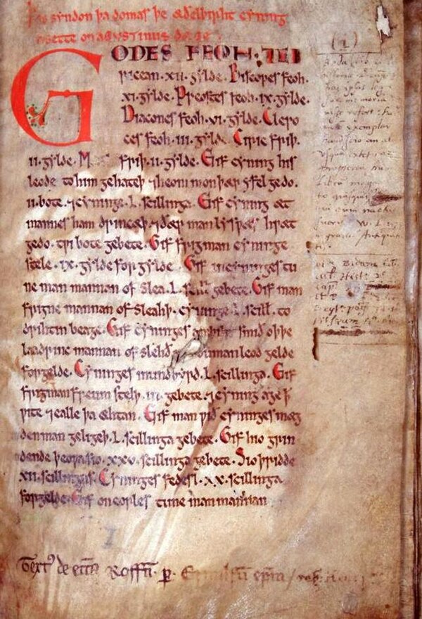 The initial page of Rochester Cathedral Library, MS A.3.5, the Textus Roffensis, which contains the only surviving copy of Æthelberht's laws.