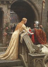 Eine junge Frau in einem mittelalterlichen Kleid aus cremefarbenem Satin bindet einen roten Schal um den Arm eines Mannes in Rüstung, der auf einem Pferd sitzt.  Die Szene spielt am Portal eines Schlosses.