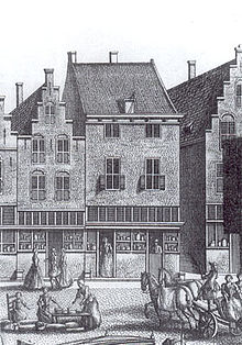 Détail d'une gravure du Markt de Delft représentant l'auberge Mechelen, Leonard Schenk, d'après Abraham Rademaker, vers 1730