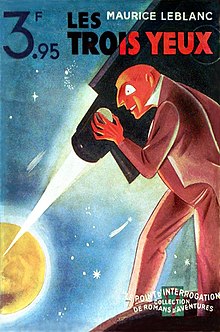 dækning af en roman med titlen Les Trois Yeux, hvis illustration repræsenterer en mand, der leder en lysstråle på en planet.