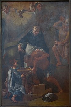 Saint Louis Bertrand baptisant des Indiens d'Amérique (XVIIe siècle), huile sur toile exposée dans l'église Notre-Dame de l'abbaye de la Sainte-Croix de Säben, dans le Tyrol du Sud. (définition réelle 4 912 × 7 360)