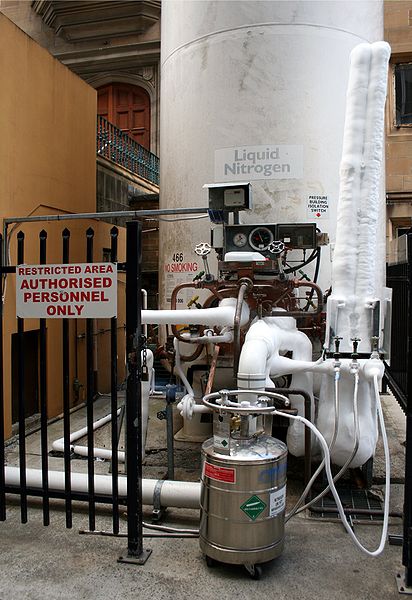 Filling a liquid nitrogen Dewar from a storage tank