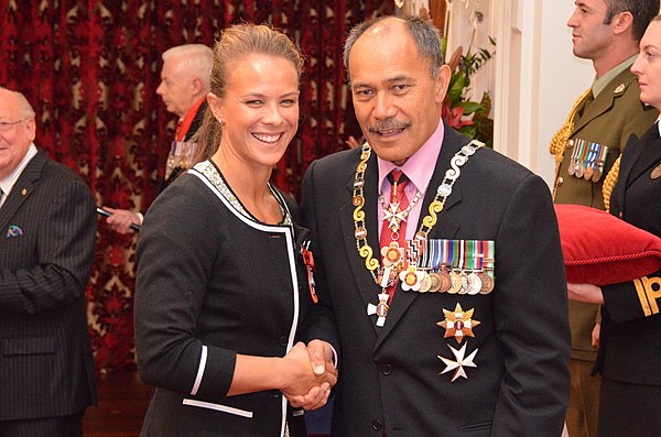 Carrington (left), after her investiture as a Member of the New Zealand Order of Merit by the governor-general, Sir Jerry Mateparae, at Government Hou