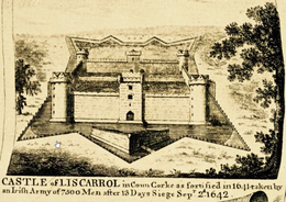 A rectangular castle with cylindrical corner towers surrounded by a moat and with a ravelin before the gate.