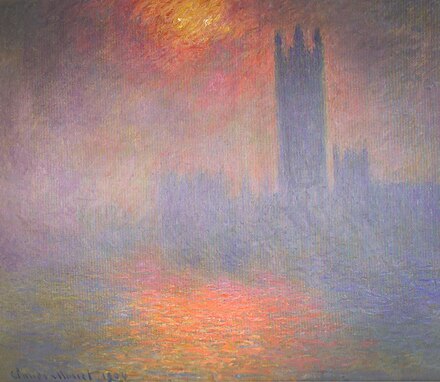 Claude Monet made several trips to London between 1899 and 1901, during which he painted views of the Thames and Houses of Parliament which show the sun struggling to shine through London's smog-laden atmosphere.