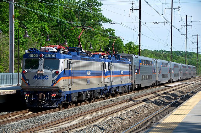 Two MARC AEM-7s at BWI Airport in 2012.