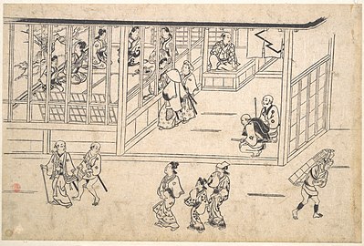 ”Katunäkymä Yoshiwarasta”, n. 1680, arkki painetusta kirjasta, 25.7 x 38.6 cm, Metropolitan Museum of Art, New York.[15]