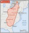 English: Comparison of the areas of two country. The area of Madagascar with biggest cities (red) overlay the area of the United States of America (gray background). Українська: Порівняння площ територій двох країн. Територія Мадагаскару з найбільшими містами (червоний колір) спроектована на територію США (сірий колір). Підписи зроблено англійською мовою.