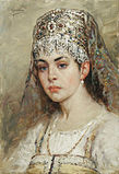 Boyaryshnya with kokoshnik covered with veil. 19th-century painting.