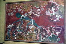 This inaccurate reconstruction of a Minoan fresco from Knossos in Crete depicts a man, which should be a monkey, gathering the crocus harvest. Man gathering saffron Knossos Crete crocus sativus fresco.jpg