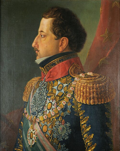 Emperor Pedro I, founder and first Grand Master of the Order, wearing the collar and the insignia of the Imperial Order of the Rose and other orders a