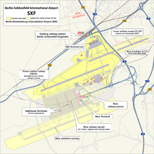 Map showing the infrastructure of the Schönefeld area and the relationship between the new and old airports