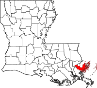 Map of Luizijana highlighting Saint Bernard Parish