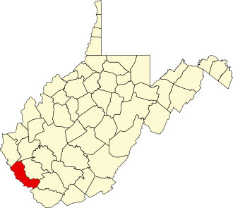 Location of Mingo County in West Virginia Map of West Virginia highlighting Mingo County.svg