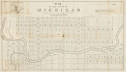 An 1847 plat map of "the town of Michigan," prior to the selection of "Lansing" as the capital's name the following year. (The map is oriented with north to the right.)