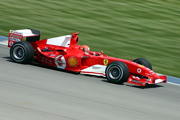 A Ferrari F2004 Formula One car, driven by Michael Schumacher. Schumacher is one of the most decorated drivers in F1 history.