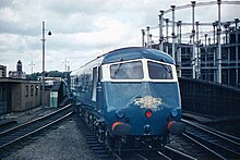 A Blue Pullman in the original Nanking blue and white livery at St Pancras Midland Pullman at St Pancras.jpg
